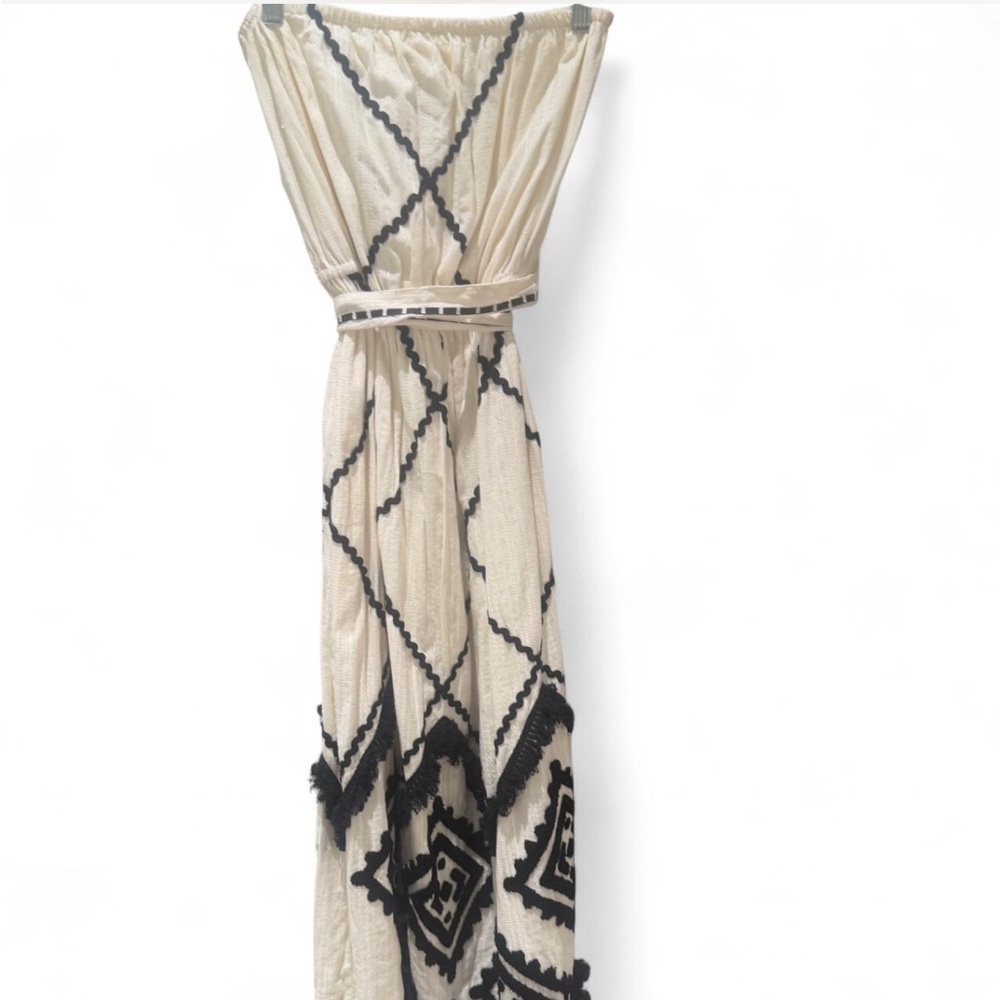 Cream Strapless Maxi Dress with Black Geometric Trim